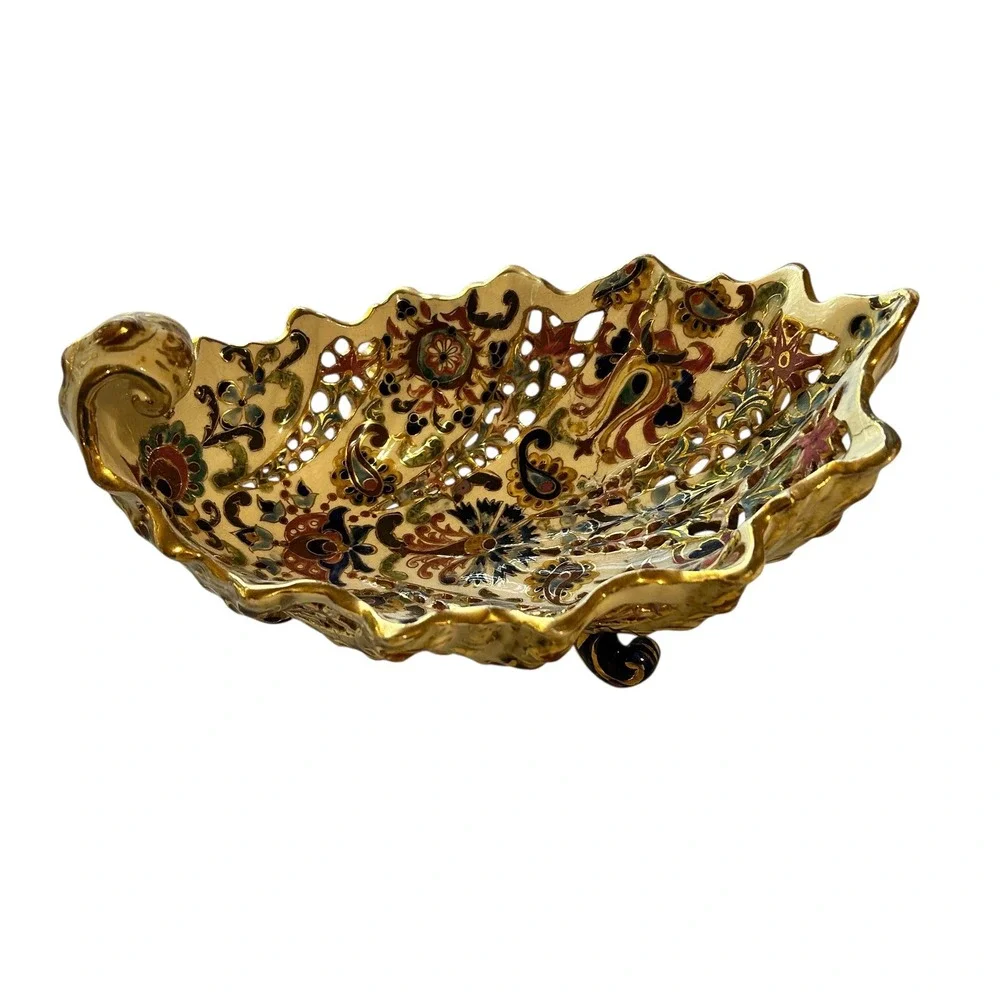 Budapest Fischer‎ Rare Ornate Gold Floral Pierced Footed Bowl